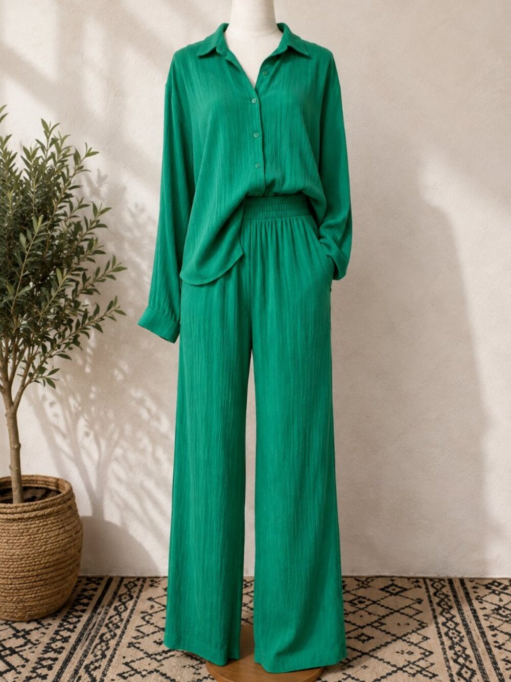Salant Emerald Green Textured Button-Up Shirt & Pants Set Size S US 4
